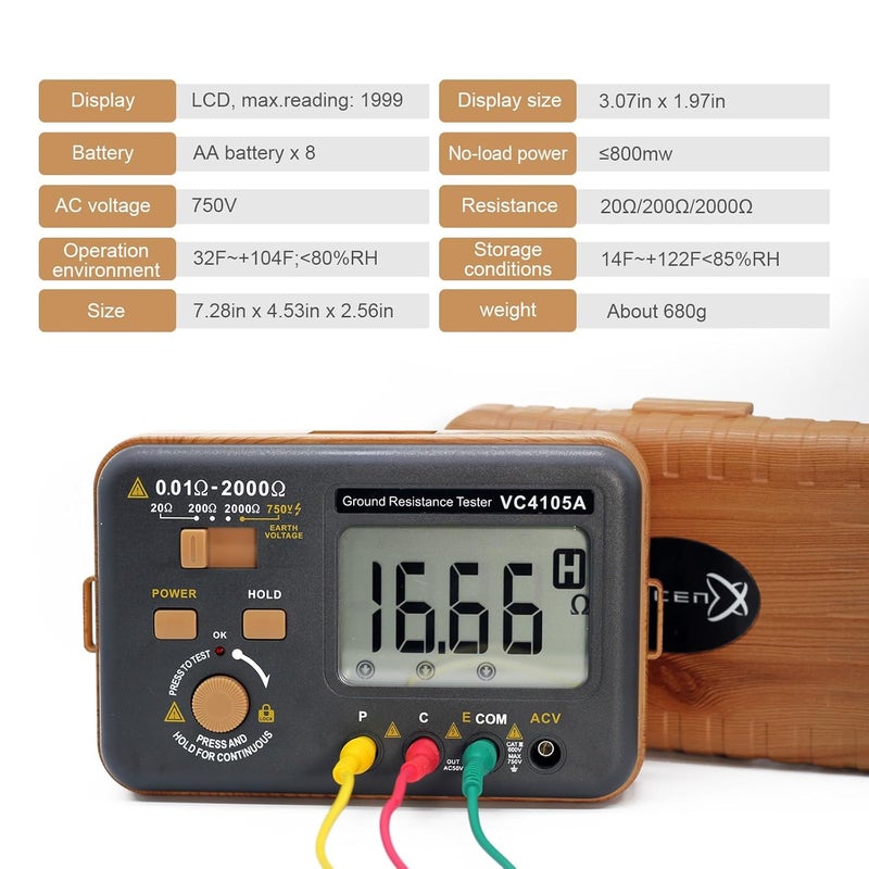 SKYCENX Telurometro,VC4105A Digital Earth Resistance Tester, Grounding Meter Tester for Earthing,Wood-Look Casing,Offers Three Resistance Ranges(20Ω/200Ω/2000Ω) and AC Voltages 750V - Image 4